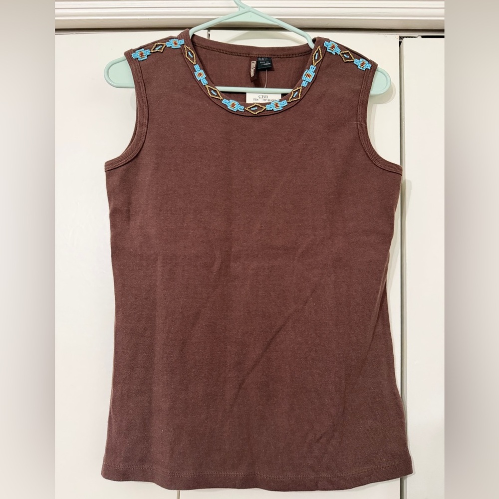 Ethyl Denim Southwestern Brown Tank Top with Blue Beaded Neckline